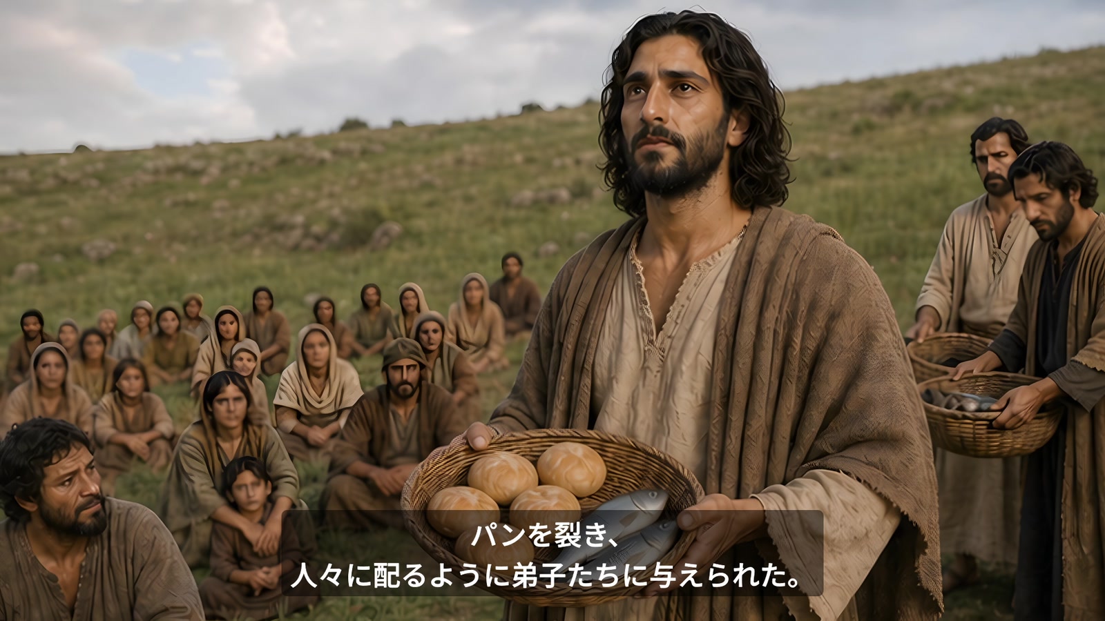 五つのパンを手に持つイエスと、草の上に座る群衆を描いた挿入映像