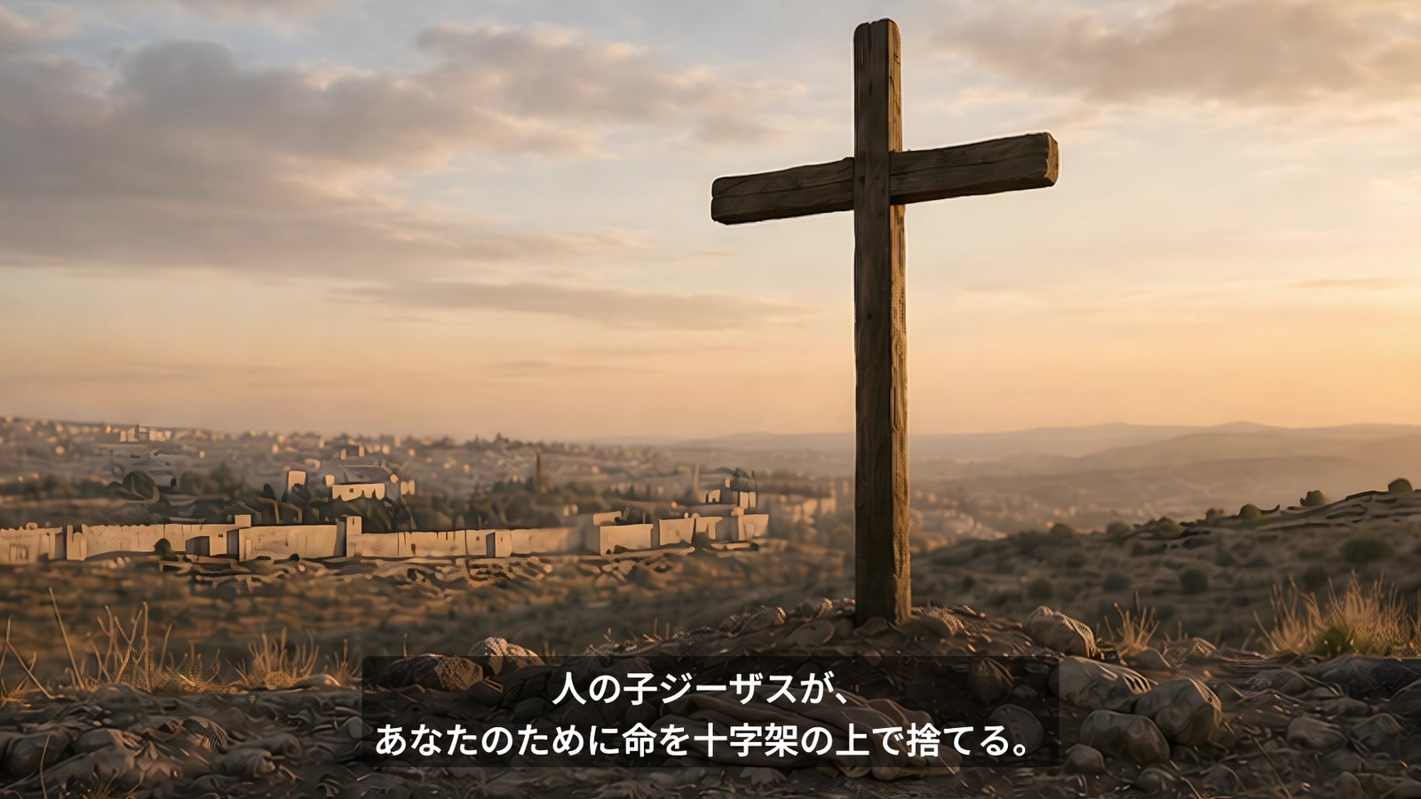 夕暮れの丘に立つ十字架と、遠くに広がる城壁の町を映した挿入映像