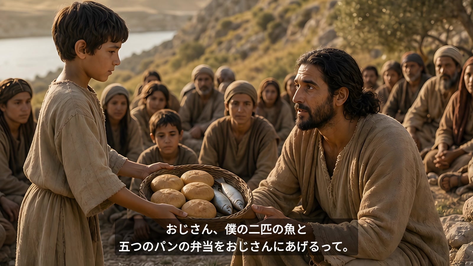 二匹の魚と五つのパンが入ったかごを差し出す少年と、それを受け取ろうとする人物を描いた挿入映像