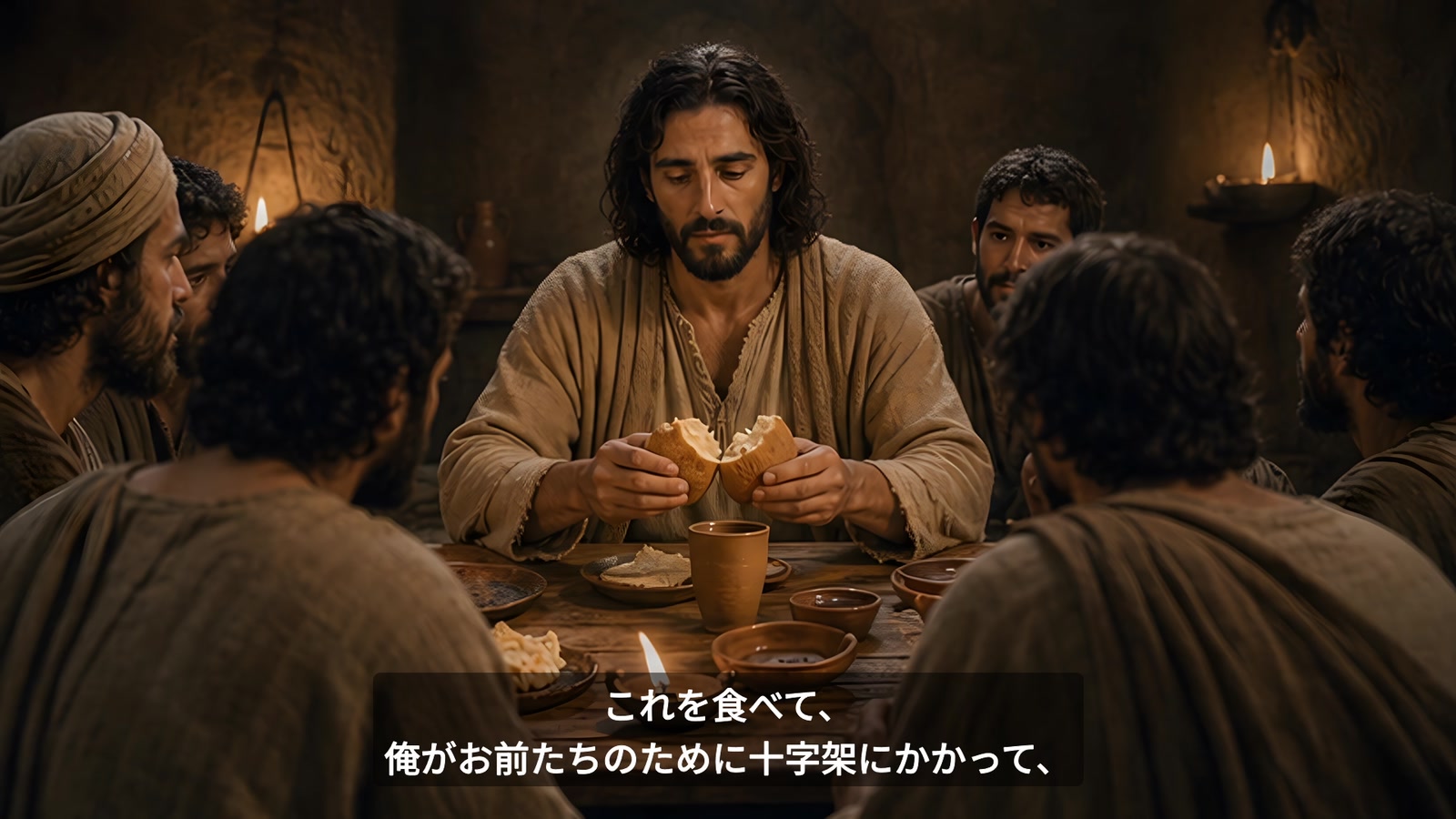 ろうそくの灯る食卓でパンを裂くイエスと弟子たちを描いた最後の晩餐の挿入映像