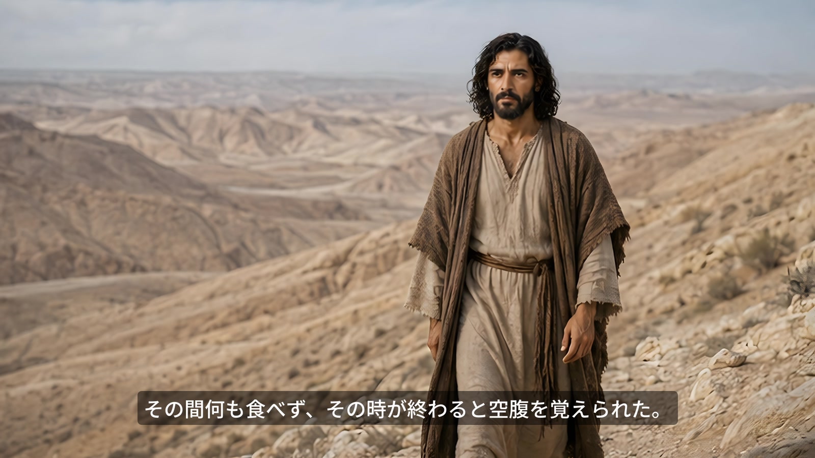 荒涼とした山地を歩くイエスを描いた映像と日本語字幕