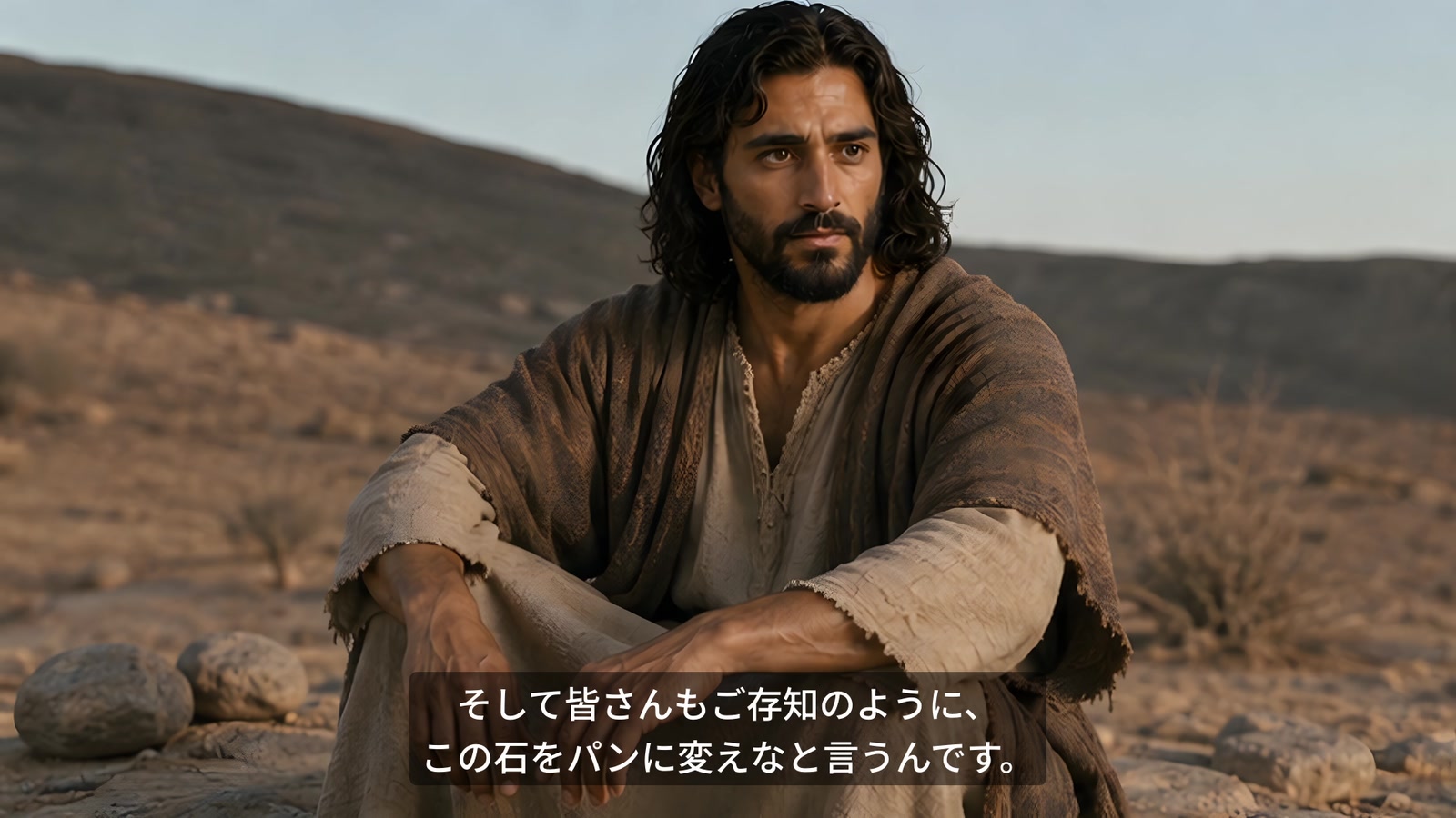 岩場の荒野で座るイエスを描いた映像と、石をパンに変える誘惑についての日本語字幕