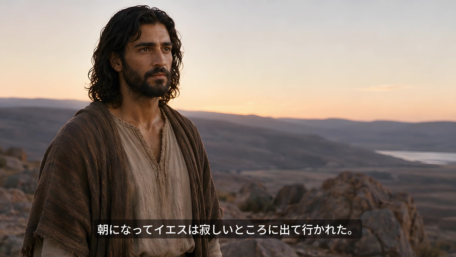 夕暮れの山地に立つイエスを描いた映像と、日本語字幕「朝になってイエスは寂しいところに出て行かれた」