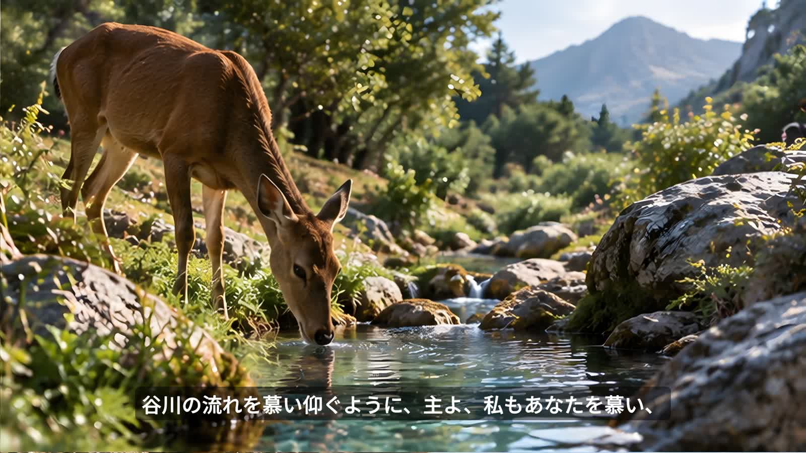 谷川の水を飲む鹿を描いた挿絵