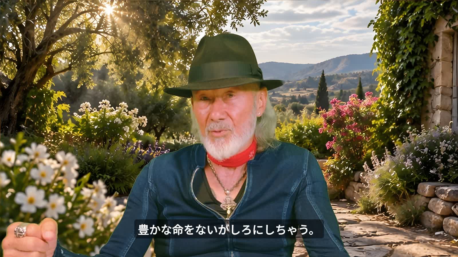 花の咲く庭で語るアーサー・ホーランド