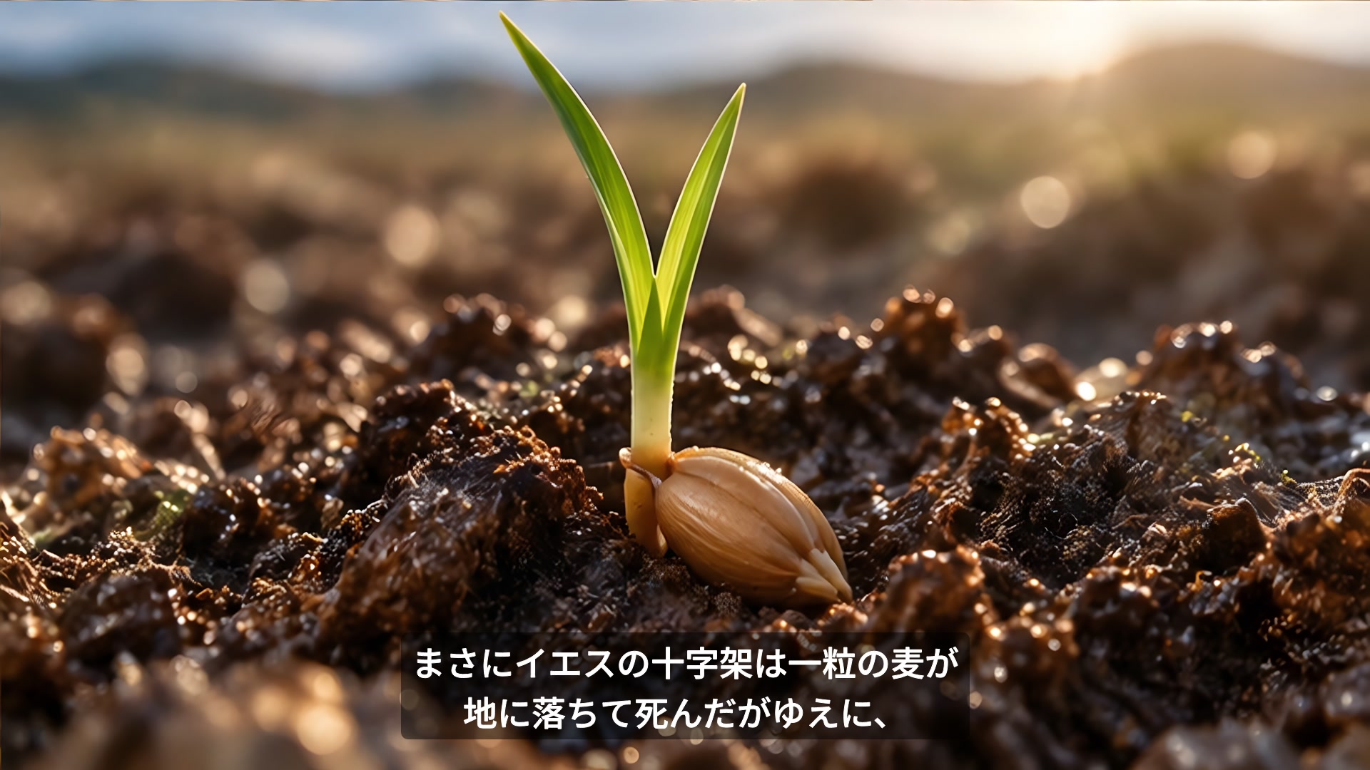 地に落ちて芽を出す麦を描いた聖書Bロール
