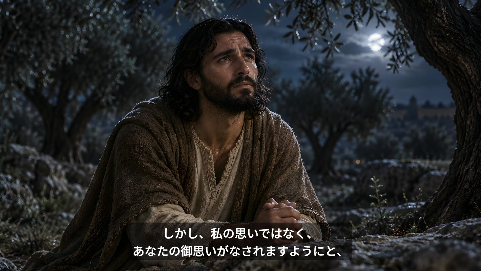 ゲッセマネで祈るジーザス。メッセージ映像中の聖書場面イメージ。