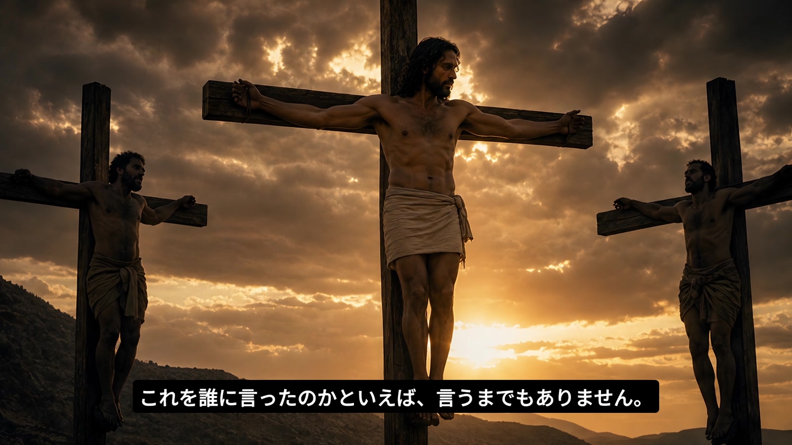 ジーザスと二人の犯罪人の十字架を描いた映像中の聖書場面イメージ。