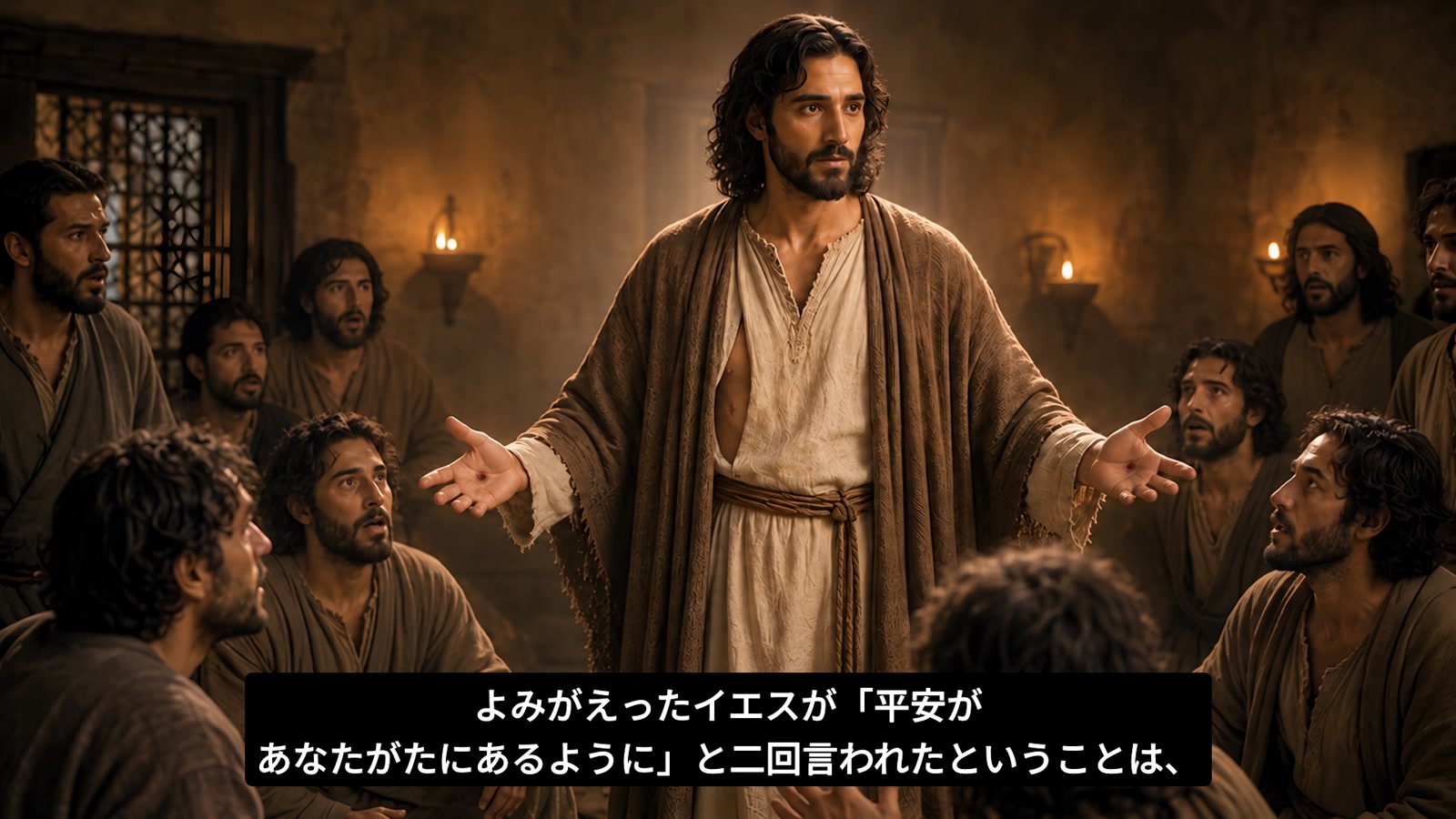 弟子たちに手の傷を示す復活したジーザス。映像中の聖書場面イメージ。