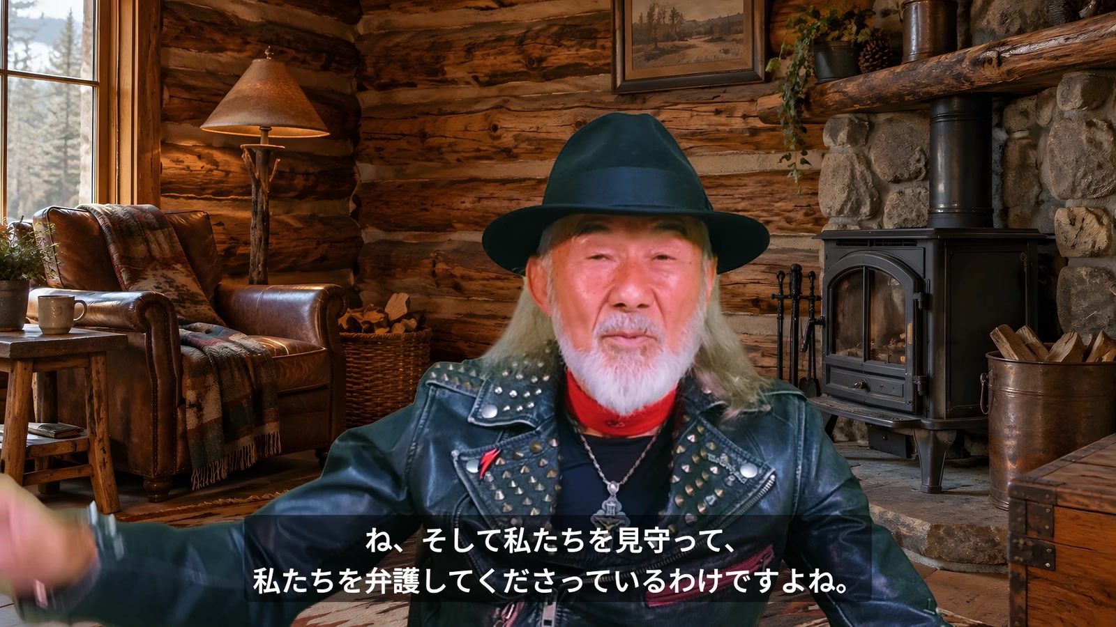 木の家を背景に、見守り弁護するジーザスについて語るアーサー先生。