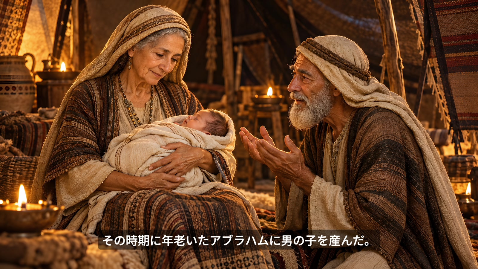 赤ん坊を抱くサラと、そばにいるアブラハムを描いた映像中の聖書場面。