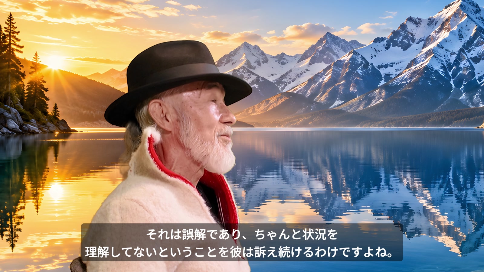 山と湖を背景に、ヨブと友人たちの言葉について語るアーサー先生。